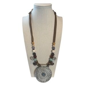 Chicos Silver Medallion Beaded Necklace‎ Brown Suede Cord Boho Statement